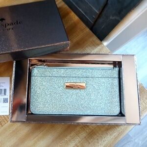 NWT Kate Spade Mint Green Shimmer Thin Zip Wallet W/ Box